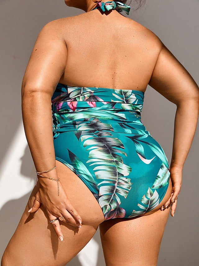 Women's Swimwear Tankini 2 Piece Plus Size Swimsuit 2 Piece Printing Floral Green Bathing Suits Sports Beach Wear Summer