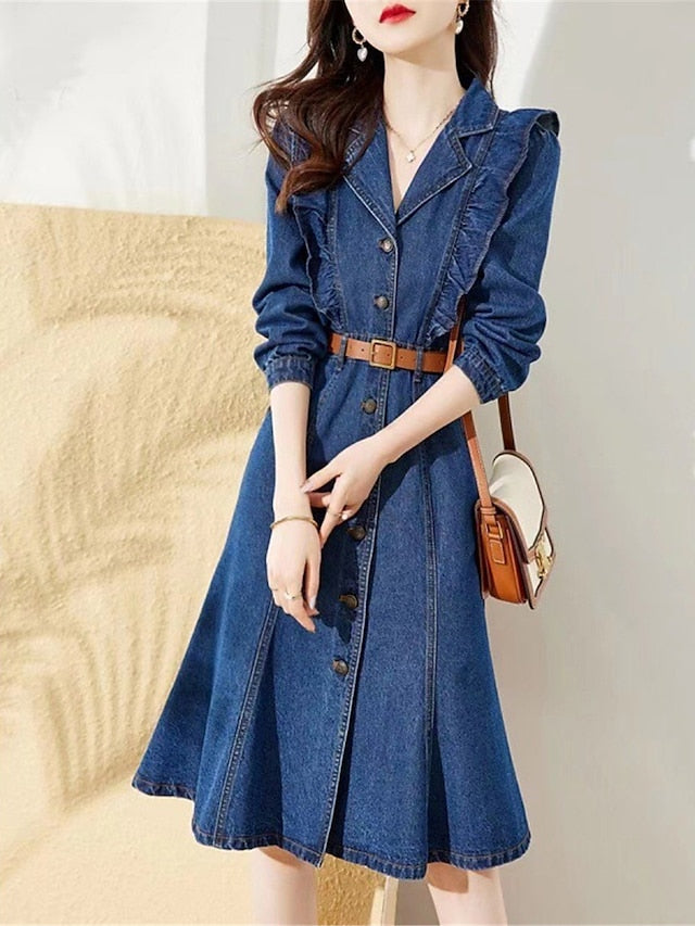 Women's Denim Midi Shirt Dress - Elegant Long Sleeve Ruffle Button for Office & Casual