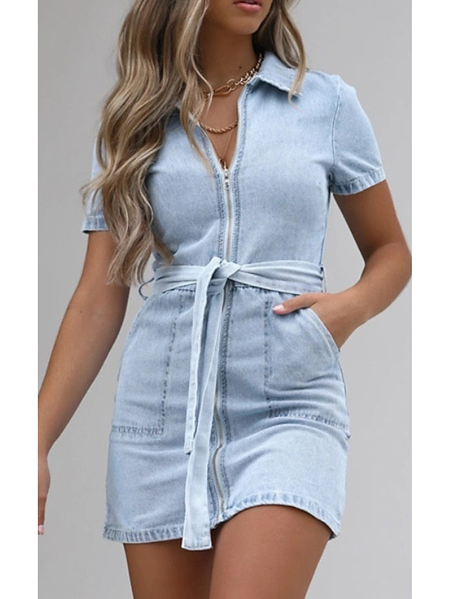 Women's Denim Mini Dress - Casual Short Sleeve with Zipper, Shirt Collar for Summer