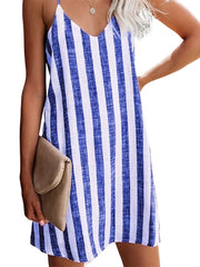 Women's Sleeveless Striped Backless V Neck Casual Slip Dress