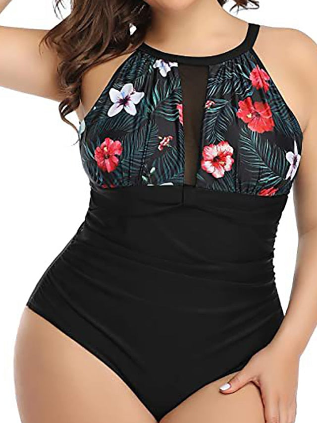 Women's Swimwear One Piece Monokini Bathing Suits Plus Size Swimsuit Printing Floral Striped White Black Red Bathing Suits New Vacation Fashion / Sexy / Modern / Pure Color / Padded Bras