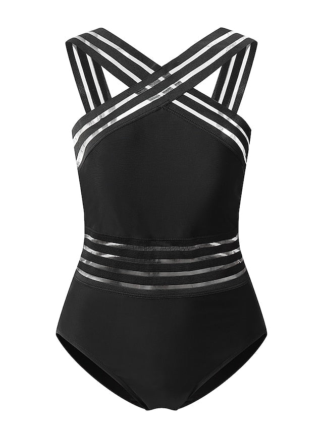 Women's Swimwear One Piece Monokini Normal Swimsuit Tummy Control Slim Solid Color Striped Black Bathing Suits Sports Sports Basic