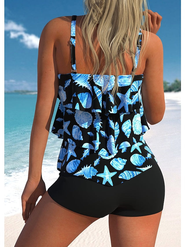 Women's Swimwear Tankini 2 Piece Normal Swimsuit 2 Piece Printing Graphic Black Blue Tank Top High Neck Bathing Suits Sports Beach Wear Summer