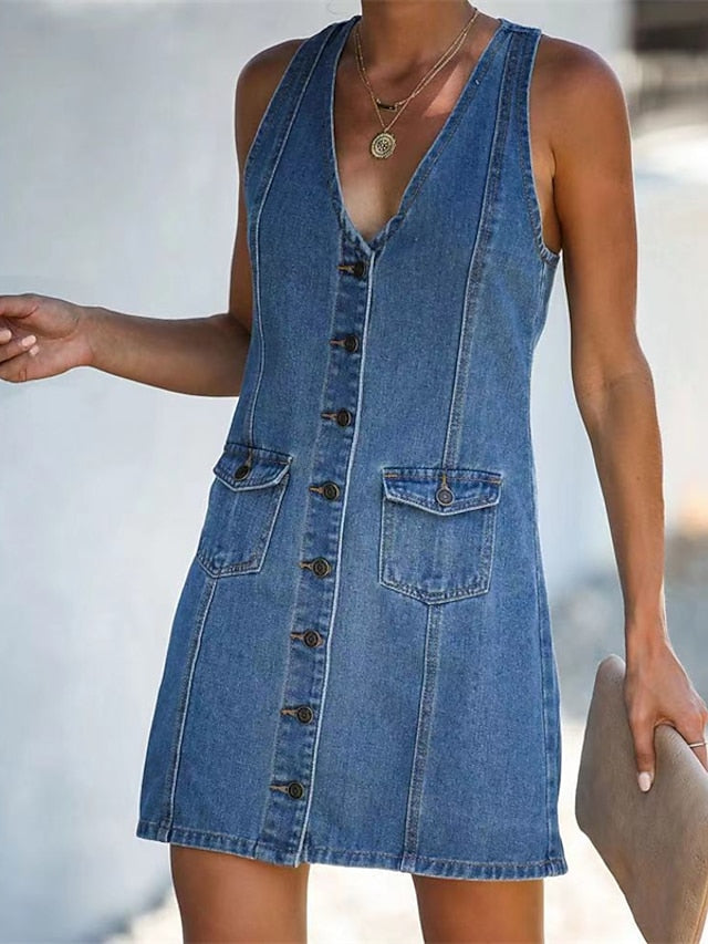 Women's V-Neck Sleeveless Denim Mini Dress with Pockets - Summer Shirt Dress