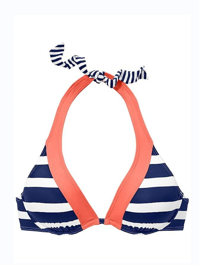 Women's Swimwear Bikini 2 Piece Normal Swimsuit High Waisted Striped Navy Blue Padded V Wire Bathing Suits Sports Vacation Sexy / New