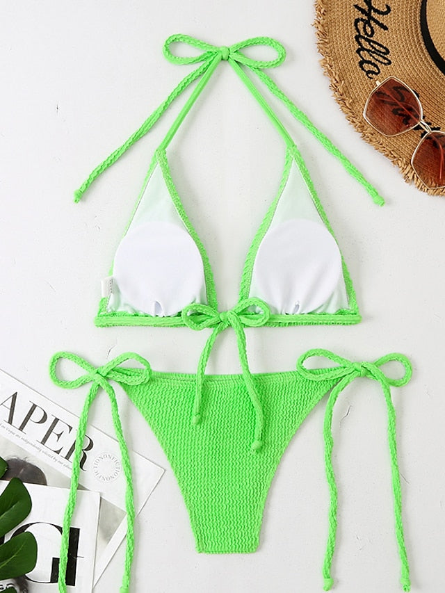 Women's Swimwear Bikini 2 Piece Normal Swimsuit Open Back Solid Color Green Black Blue Purple Yellow Camisole Strap Bathing Suits New Casual Vacation / Sexy / Modern / Padded Bras