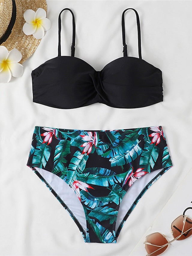 Women's Swimwear Bikini 2 Piece Normal Swimsuit Open Back Printing Floral Leaves Green Black Blue Yellow Royal Blue Strap Bathing Suits Sexy Vacation Fashion / Modern / New / Padded Bras