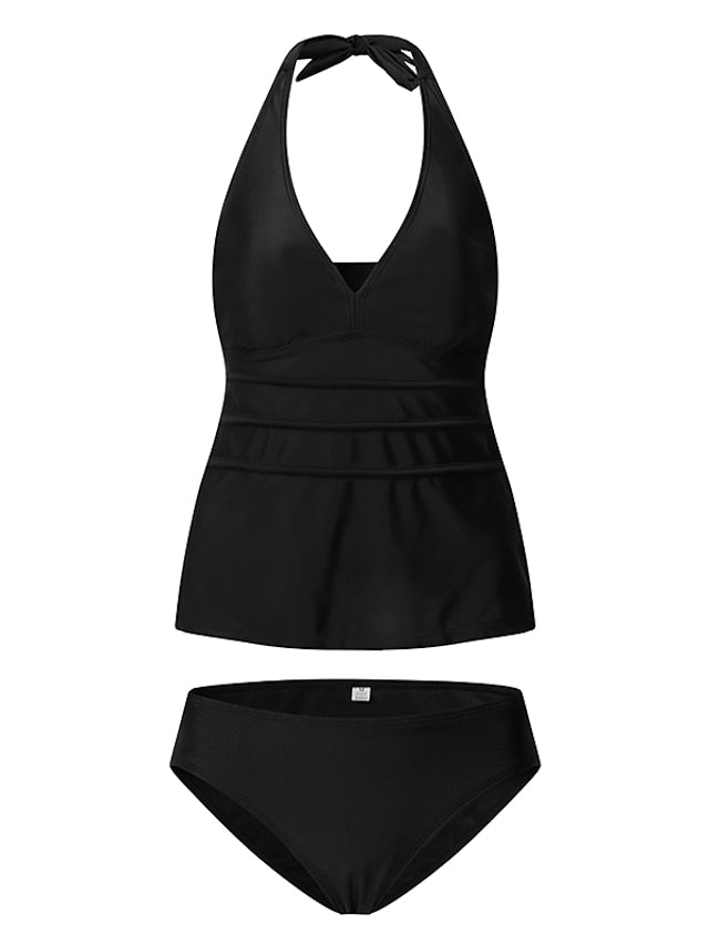 Women's Swimwear Tankini Swim Dress Bathing Suits 2 Piece Normal Swimsuit Halter Open Back Solid Color Black Halter Plunge Bathing Suits Sports Vacation Beach Wear