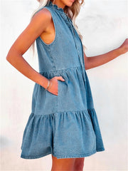 Women's Denim Mini Dress - Sleeveless V-Neck Tiered Casual Summer Dress