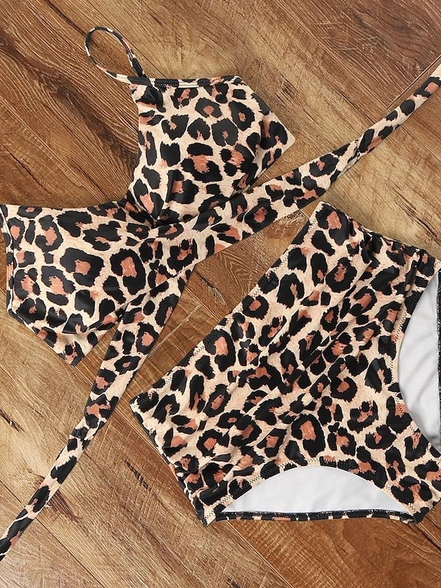 Women's Swimwear Bikini Normal Swimsuit 2 Piece Printing Leopard ArmyGreen Black Blue Orange Brown Bathing Suits Sports Beach Wear Summer