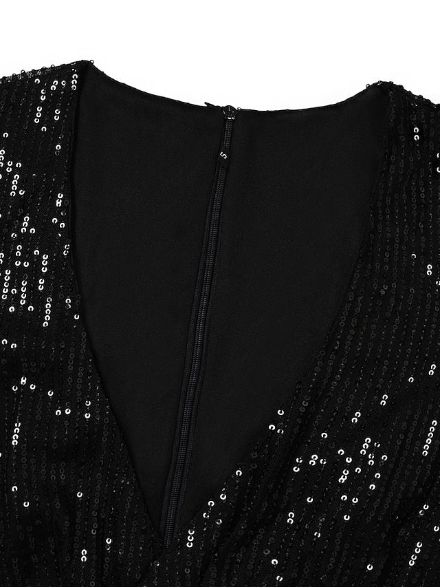 Women‘s Formal Party Dress Sequin Dress Holiday Dress Mini Dress Black Gold Long Sleeve Pure Color Sequins Winter Fall Spring V Neck Fashion Winter Dress Birthday