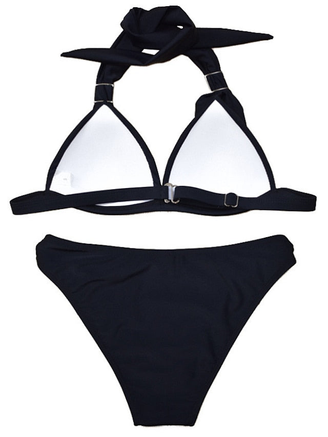 Women's Swimwear Bikini 2 Piece Normal Swimsuit Halter 2 Piece Open Back Sexy Pure Color Black Royal Blue Blue Sky Blue Halter V Wire Bathing Suits Sexy Vacation Fashion
