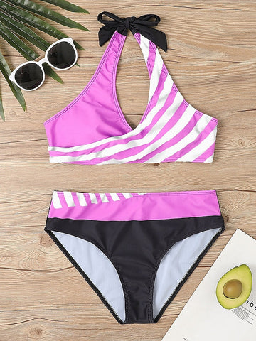 Women's Swimwear Bikini Plus Size Swimsuit 2 Piece Printing Striped Black Pink Red Blue Bathing Suits Sports Beach Wear Summer
