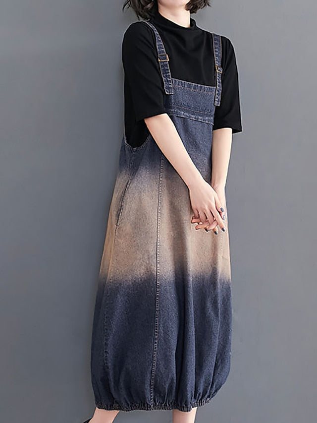 Women's Maxi Denim Pinafore Dress with Pockets - Sleeveless Square Neck for Summer