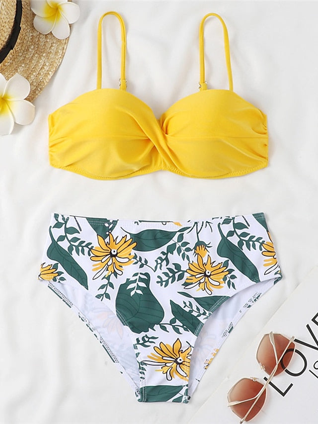 Women's Swimwear Bikini 2 Piece Normal Swimsuit Open Back Printing Floral Leaves Green Black Blue Yellow Royal Blue Strap Bathing Suits Sexy Vacation Fashion / Modern / New / Padded Bras