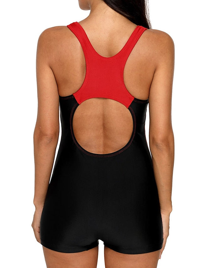 Women's Swimwear Diving Normal Swimsuit Backless Water Sports Tummy Control Color Block Striped Black Red Blue Scoop Neck Bathing Suits New Vacation Sporty