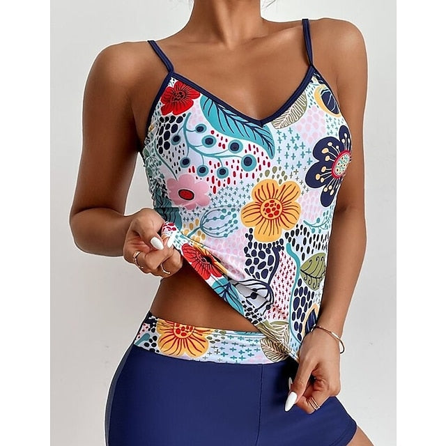 Women's Swimwear Tankini 2 Piece Normal Swimsuit Water Sports Open Back string Print Floral Tropical Blue Camisole Padded V Wire Bathing Suits New Vacation Casual