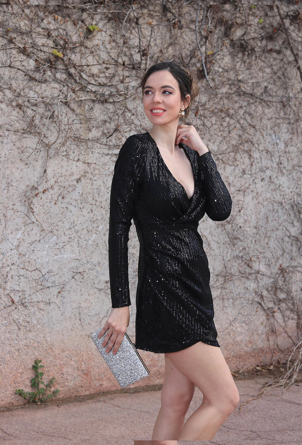Women‘s Formal Party Dress Sequin Dress Holiday Dress Mini Dress Black Gold Long Sleeve Pure Color Sequins Winter Fall Spring V Neck Fashion Winter Dress Birthday