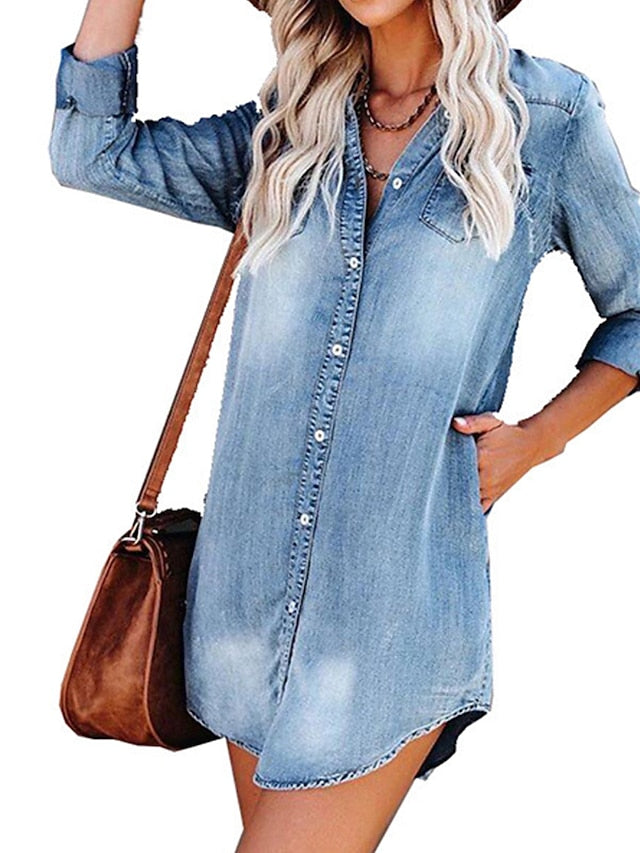 Women's Denim Shirt Dress - Casual Mini with Pockets & Button Collar for Spring/Summer/Fall