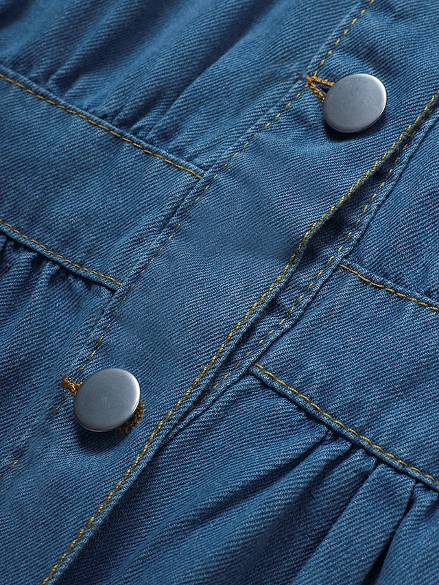 Women's Cotton Denim Maxi Dress - Casual Short Sleeve with Pockets & Button Detail