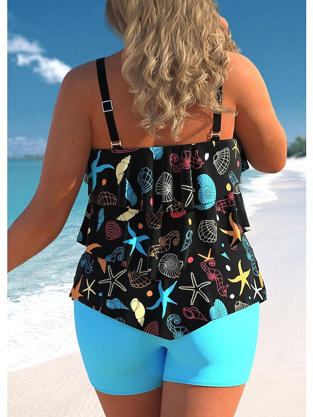 Women's Swimwear Tankini 2 Piece Normal Swimsuit 2 Piece Printing Graphic Black Blue Tank Top High Neck Bathing Suits Sports Beach Wear Summer