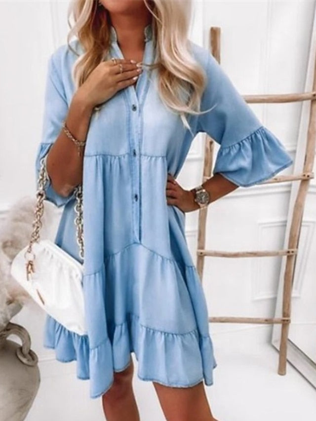 Women's V-Neck Denim Midi Shirt Dress - Half Sleeve, Casual Summer Wear