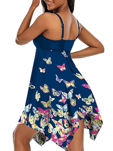 Women's Swimwear Tankini Swim Dress 2 Piece Plus Size Swimsuit Open Back Printing for Big Busts Animal Butterfly Navy Blue Camisole Strap Bathing Suits New Vacation Fashion