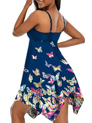 Women's Swimwear Tankini Swim Dress 2 Piece Plus Size Swimsuit Open Back Printing for Big Busts Animal Butterfly Navy Blue Camisole Strap Bathing Suits New Vacation Fashion