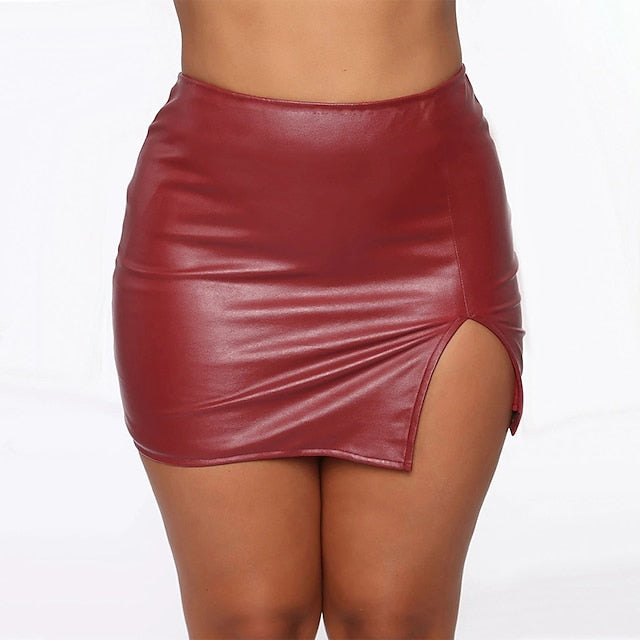 Women's Pencil Bodycon Mini PU Faux Leather Black Wine Skirts Summer Split Shiny Metallic Without Lining Sexy Night out&Special occasion Date