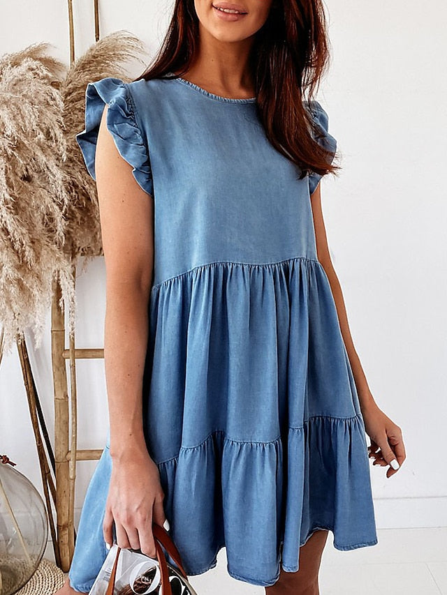 Women's Denim Mini Swing Dress - Casual Short Sleeve Crew Neck for Summer