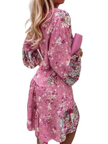 Women‘s Shift Dress Boho Dress Knee Length Dress Pink Long Sleeve Floral Ruffle Smocked Print Summer Spring V Neck Boho Casual Flare Cuff Sleeve Print Dresses