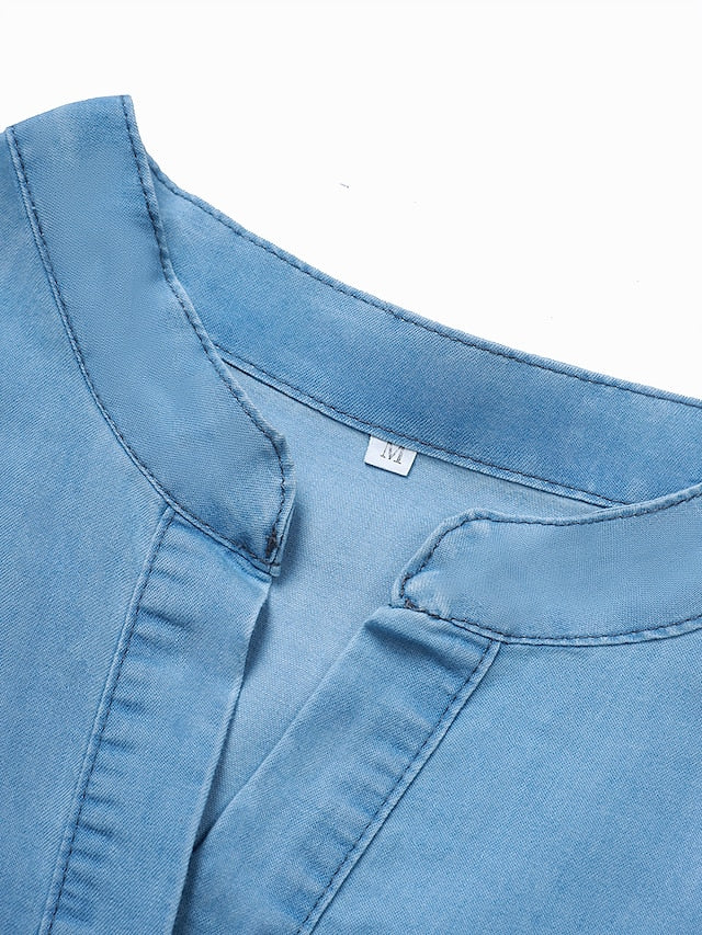 Women's Denim Midi Shirt Dress - V Neck, Half Sleeve, Casual for Summer