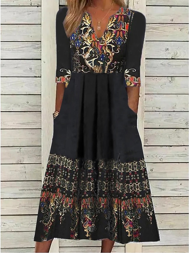 Women's Casual Dress Holiday Dress Ethnic Dress Midi Dress Black Half Sleeve Geometric Print Summer Spring V Neck