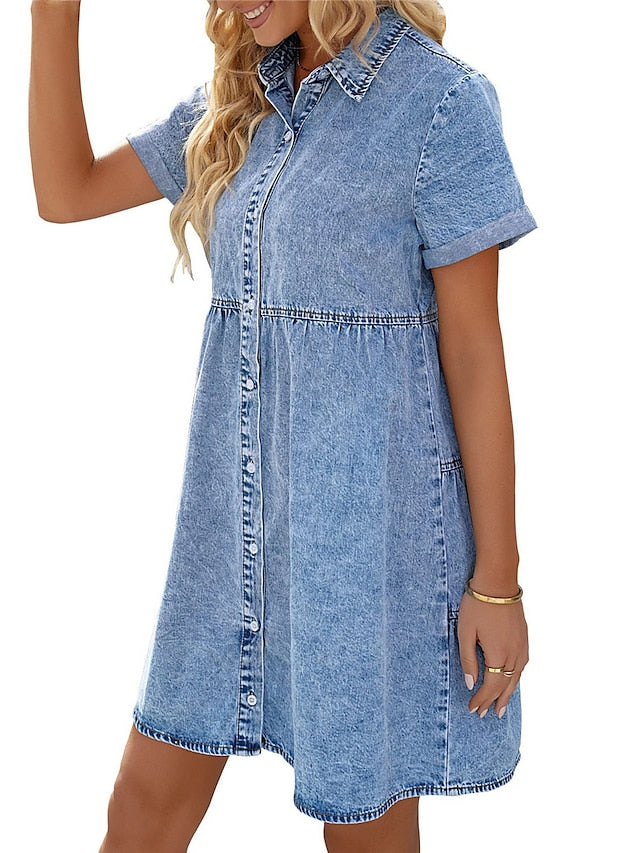 Women's Denim Shift Dress - Casual Mini Shirt Dress with Pockets, Short Sleeve