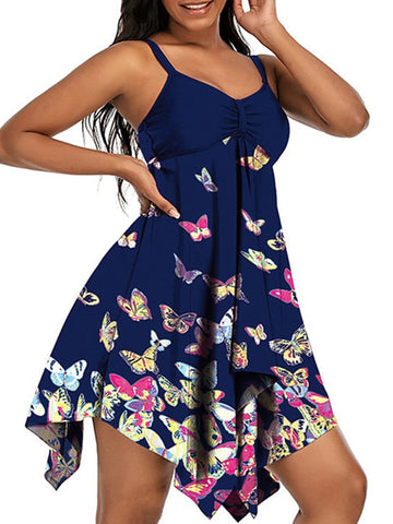 Women's Swimwear Tankini Swim Dress 2 Piece Plus Size Swimsuit Open Back Printing for Big Busts Animal Butterfly Navy Blue Camisole Strap Bathing Suits New Vacation Fashion