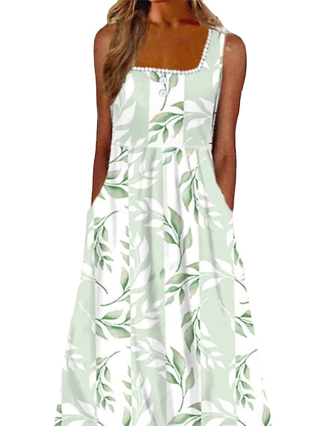 Women's Casual Dress Shift Dress Tank Dress Floral Ruched Button Square Neck Midi Dress Fashion Streetwear Outdoor Daily Sleeveless Regular Fit Green Spring Summer