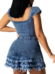 Women's Denim Bodycon Mini Dress with Pockets - Short Sleeve Boat Neck