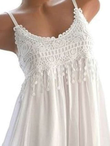 Women's Sleeveless Ruched U Neck Tassels Elegant White Dress