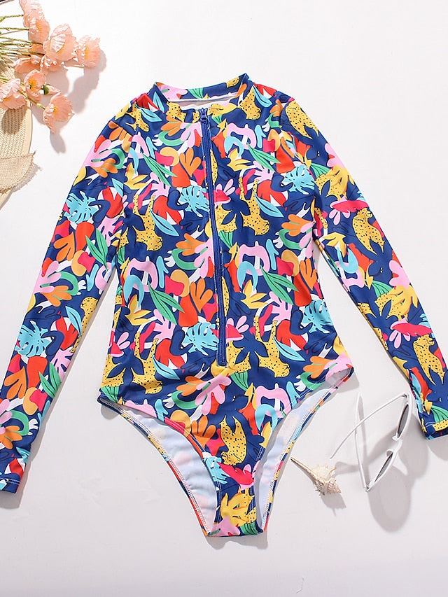 Women's Swimwear One Piece Normal Swimsuit Printing Front Zip Floral Blue Green Bodysuit Bathing Suits Sports Summer
