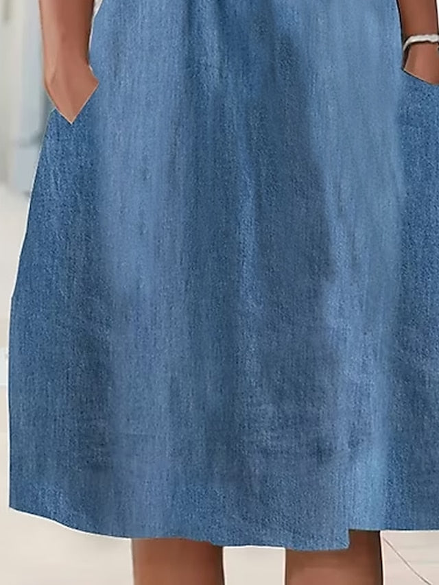 Women's Casual Denim Midi Dress with Pockets - Crew Neck, Short Sleeve for Summer