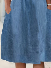 Women's Casual Denim Midi Dress with Pockets - Crew Neck, Short Sleeve for Summer