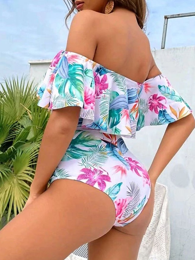 Women's Swimwear Tankini 2 Piece Normal Swimsuit Ruffle 2 Piece Printing Floral Green Off Shoulder Bathing Suits Sports Beach Wear Summer