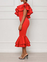 Women's Party Dress Sheath Dress Trumpet Mermaid Dress Midi Dress Black Red Sleeveless Pure Color Ruffle Summer Spring One Shoulder Party Birthday Wedding Guest Summer Dress