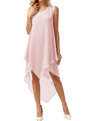 Women' Sleeveless Pure Color High Low Design V Neck Fashion Elegant Dress