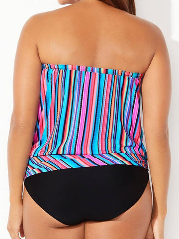 Women's Swimwear Tankini 2 Piece Plus Size Swimsuit Open Back Printing for Big Busts Striped Blue Tube Top Strapless Bathing Suits Sports Casual Vacation / Sexy / Modern / Spa / New / Padded Bras