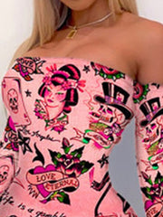 Women's Party Dress Bodycon Sheath Dress Mini Dress Pink Long Sleeve Print Print Summer Spring Fall Off Shoulder Fashion Wedding Guest Vacation Spring Dress