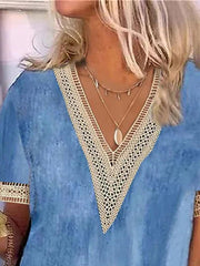 Women's V-Neck Denim Mini Dress - Casual Short Sleeve Summer Fashion