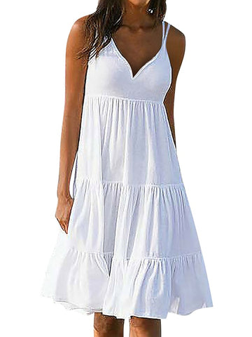 Women's Sleeveless Pure Color Ruched V Neck Vacation Loose Fit Dress