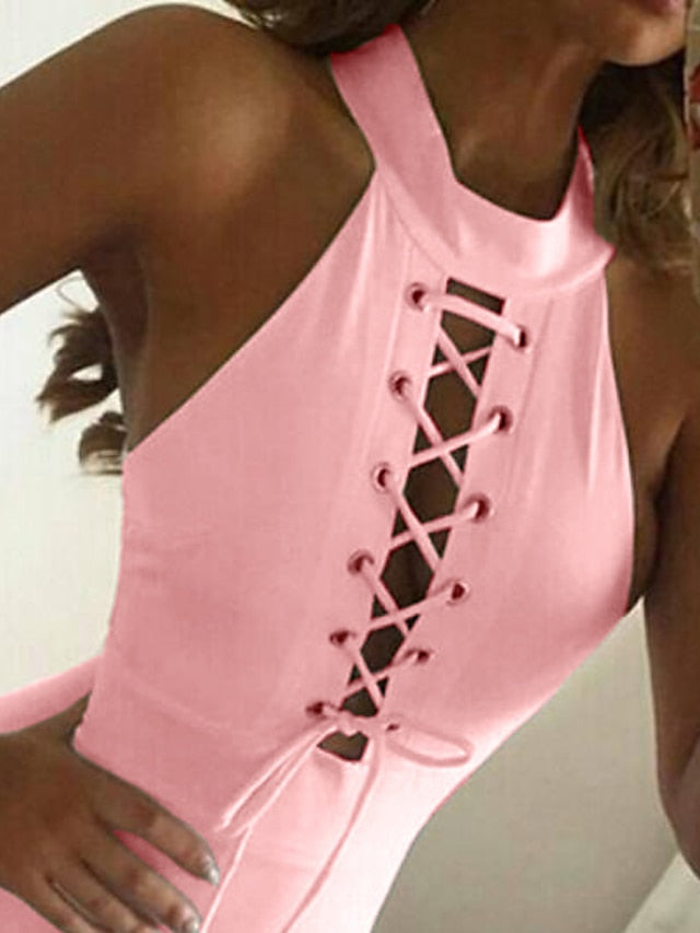 Women's Party Dress Bodycon Semi Formal Dress Midi Dress Pink Gray Sleeveless Pure Color Lace up Summer Spring Halter Fashion Summer Dress