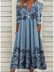 Women's Casual Dress Ethnic Dress Midi Dress Blue Half Sleeve Floral Print Summer Spring V Neck Casual